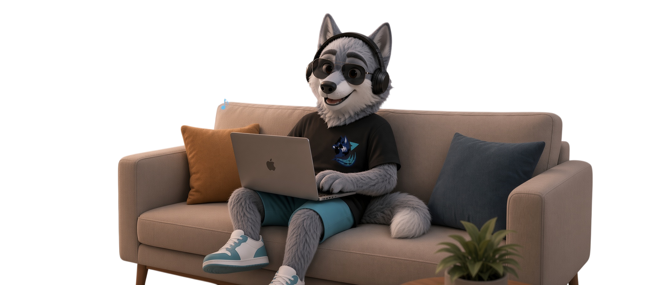 Zyro Technologies Mascot working on laptop on sofa
